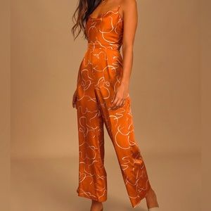 Lulus Orange and White Print Cowl Neck Culotte Jumpsuit Size SM